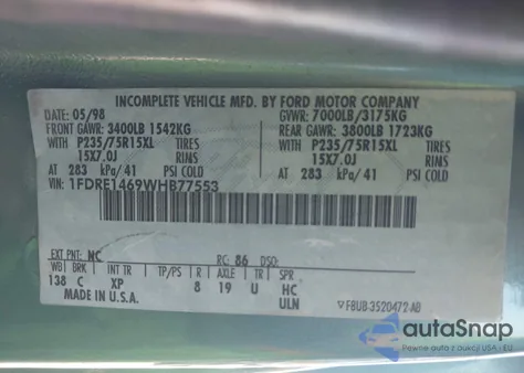 1998 Ford Econoline E150 Van из США, поврежденный, VIN 1FDRE1469WHB77553